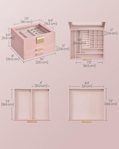 SONGMICS GISELLA Collection - Jewelry Box Organizer, 3-Layer Jewelry Storage with 2 Drawers, Shiny Metal Hardware, Glass Lid, Modern, 8 x 9.1 x 5.3 Inches, Jelly Pink and Gold Color UJBC239SA01S