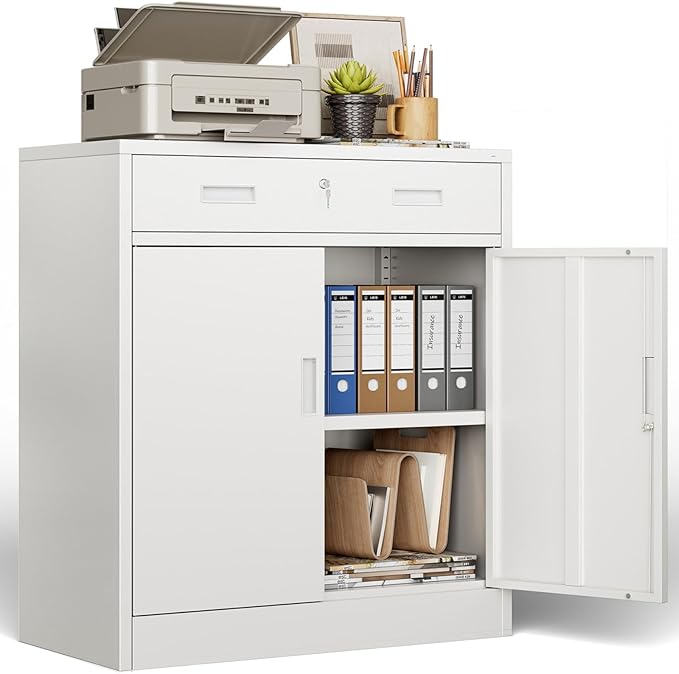 BESFUR Metal Garage Storage Cabinet with One Lockable Drawer 2 Locking Doors and an Adjustable Shelf, 36" White Metal Short Storage Cabinet for Home Office, Garage,School,Utility Room
