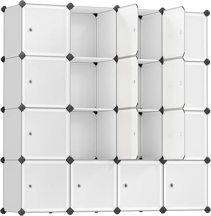 SONGMICS Cube Storage Organizer, Set of 16 Plastic Cubes, Closet Storage Shelves, DIY Plastic Closet Cabinet, Modular Bookcase, Shelving with Doors for Bedroom, Living Room, White ULPC44BSV1