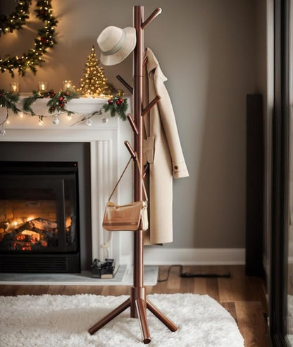 Pipishell Sturdy Wooden Coat Tree with 8 Hooks, 3 Adjustable Sizes for Clothes, Hat Stand Used in Bedroom/Office/Entryway, Brown