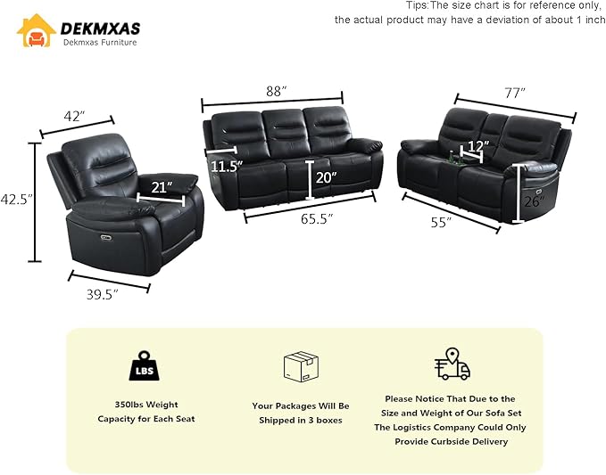 Black Breathing Leather Power Recliner Sofa and Chair with LED Lights, Living Room Funiture Sets, Power Reclining Sofa Set with 3 Recliner Seats/USB Port for Living Room