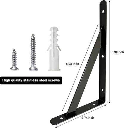Shelf Brackets 6 x 4 Inch, for 5 8 10 12 16 20 Inch Heavy Duty Shelf Brackets 4 Pack, Black Powder-Coated Small Wall Mount Steel Bracket Wall Brackets for Shelves