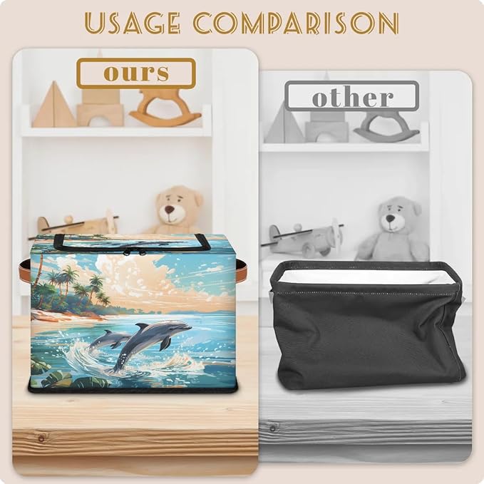 Ocean Beach Dolphin Storage Bins with Zipper Lid, Collapsible Fabric Storage Basket with Leather Handles Closet Shelf Cloth Organizer Basket for Nursery Bedroom Clothes Toy