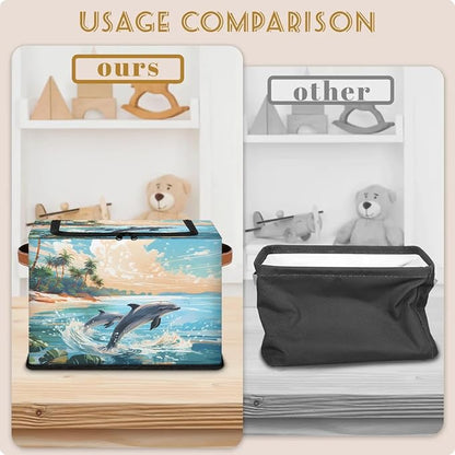 Ocean Beach Dolphin Storage Bins with Zipper Lid, Collapsible Fabric Storage Basket with Leather Handles Closet Shelf Cloth Organizer Basket for Nursery Bedroom Clothes Toy