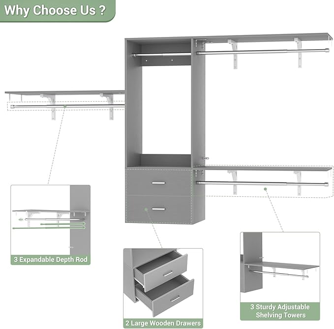 Cyclysio 8 FT Hanging Closet Organizer System, 96 Inch Closet System with Drawers, Walk in Closet System with 4 Adjustable Rods and 3 Shelving Towers for 4-8FT Spaces(Cut-to-Fit), Gray