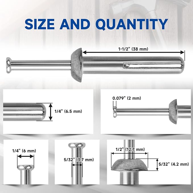meite Hammer Drive Anchors 1/4" x 1-1/2" for HVAC Systems & Shelving Units, Heavy Duty Concrete Fasteners, Zinc-Plated Steel, Rust-Resistant (100 Counts)