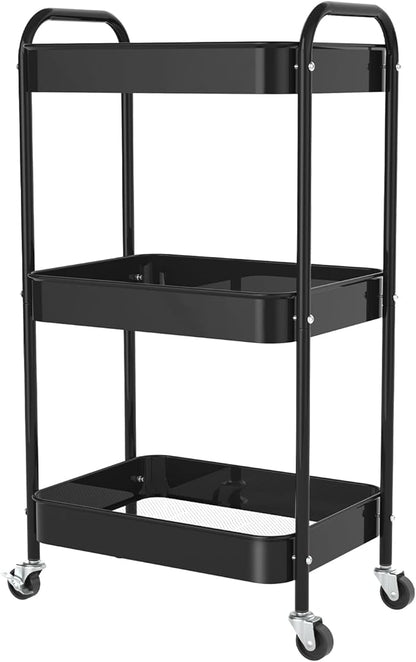 3-Tier Rolling Metal Storage Cart with Wheels, Multi-Functional Organizer for Office, Kitchen, Bathroom, Books Diapers - Easy Assembly (Black)