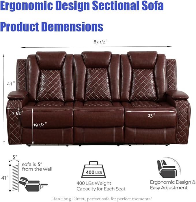 Leather Power Recliner Sectional Sofa, Brown Power Sectional Sofa Sets, LED Reclining Couch Set for Living Room, L-Shaped Couch with LED, Read Light, Arm Storage & Cup Holders for Home/Office