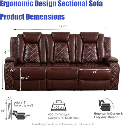 Leather Power Recliner Sectional Sofa, Brown Power Sectional Sofa Sets, LED Reclining Couch Set for Living Room, L-Shaped Couch with LED, Read Light, Arm Storage & Cup Holders for Home/Office