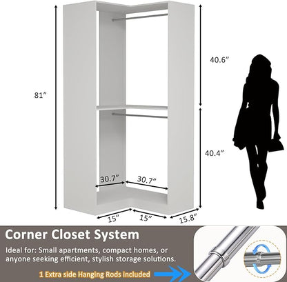 Corner Closet System, 31" Corner Closet Organizer With 3 Hanging Rods, Wood Walk In Closet System for Small Space, L Shaped Corner Closet, White