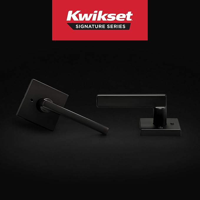 Kwikset Halifax Interior Privacy Door Handle with Lock, Door Lever For Bathroom and Bedroom, Matte Black Reversible Keyless Push Button Lock Door Lever, with Microban Protection, Square Rose