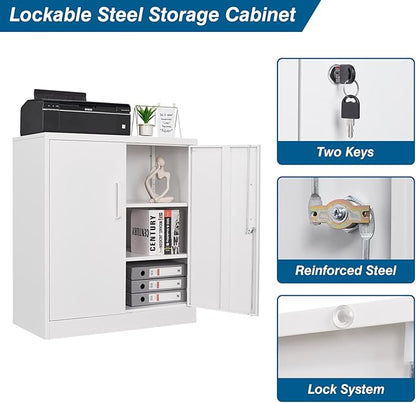 Metal Storage Cabinet with Lock, 36" Small Steel Locker Storage Cabinets, 2 Adjustable Shelves 2 Doors for Home, Office, Garage and Kitchen (White)