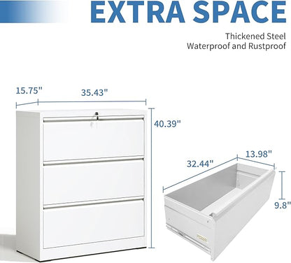 File Cabinets 3 Drawer,Metal Office Storage Filing Cabinet with Lock,White Lateral Filing Cabinet for Home Office,Horizontal Locking File Cabinets for Legal/Letter/A4 Files,Assembly Require