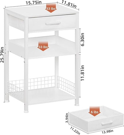Lerliuo White Side Table Set of 2,3 Tier Industrial Printer Stand with Fabric Drawer,Modern Tall Printer Desk Holder with Storage Shelf,Bedside Tables for Home Office Fax Machine Scanner