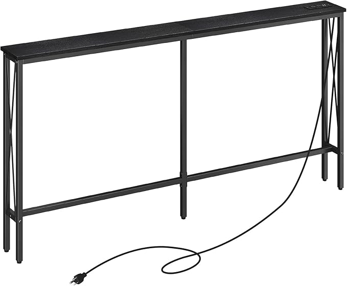 ELYKEN 5.9" Narrow Console Sofa Table with Power Outlets, 5.9" Dx63 Wx31.5 H Long Skinny Behind Couch Table with “X” Cross Metal Frame and Charge Station with 6.5’ Extension Cord, Black