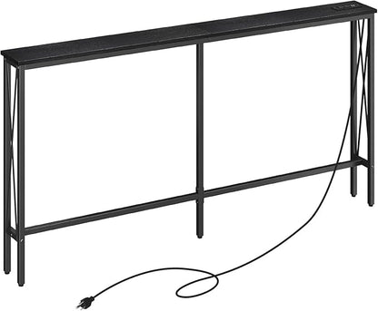 ELYKEN 5.9" Narrow Console Sofa Table with Power Outlets, 5.9" Dx63 Wx31.5 H Long Skinny Behind Couch Table with “X” Cross Metal Frame and Charge Station with 6.5’ Extension Cord, Black