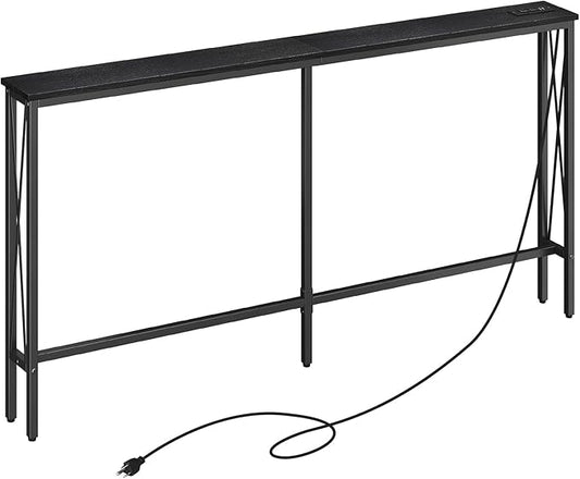 ELYKEN 5.9" Narrow Console Sofa Table with Power Outlets, 5.9" Dx63 Wx31.5 H Long Skinny Behind Couch Table with “X” Cross Metal Frame and Charge Station with 6.5’ Extension Cord, Black