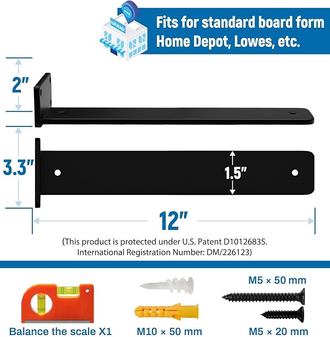 LEOPO 12 inch 12 Pack Floating Shelf Brackets, 1/5” Thick Heavy Duty Rustic Industrial Shelf Bracket, Floating Hidden Metal Bracket