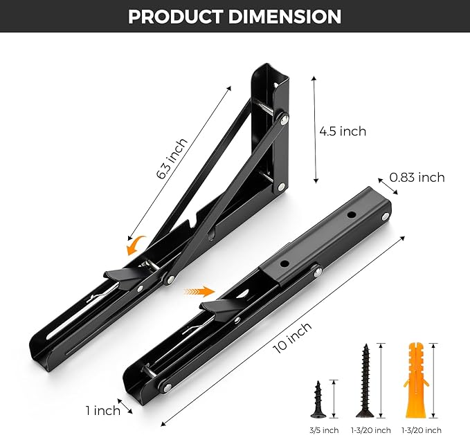 JOY DECOR 10 Inch Heavy Duty Folding Shelf Brackets, 2 Pack (1 Pair) Collapsible Wall Mounted Brackets for Fold Down Table, Stainless Steel Folding Table Hinge, Matte Black