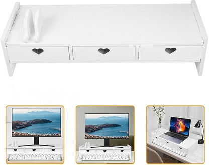 Tofficu Computer Desk Stand with Drawer, Desktop Monitor Riser with Storage, Laptop Shelf Shelves Organizer for Keyboard Storage (White)