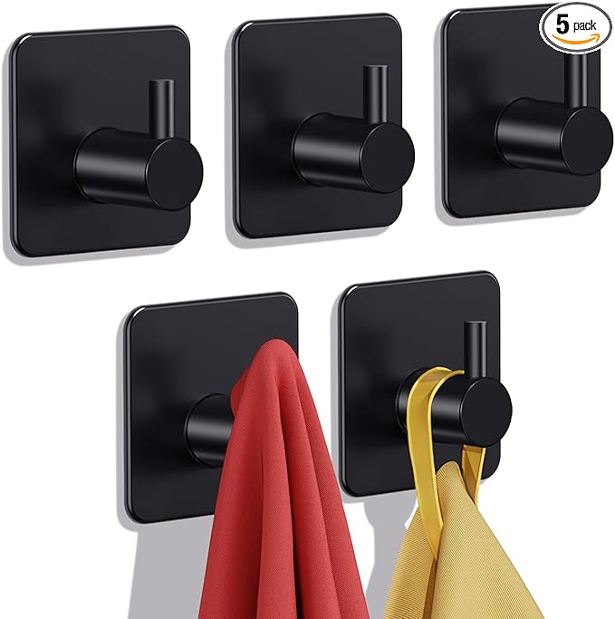 Auxmir Adhesive Hooks Heavy Duty 22lb(Max) Towel Hooks for Shower, 5 Pack Self Adhesive Damage Free Wall Hooks, Stainless Steel for Coat Robe, Waterproof Oilproof Rustproof for Bathroom Kitchen Office