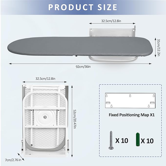 VerRich Foldable Wall Mounted Ironing Board 36” x 12”180°Rotatable Ironing Boardwith Heat Resistant Cover, Space-Saving for Home, Laundry Room,Apartment & Dorms, Gray