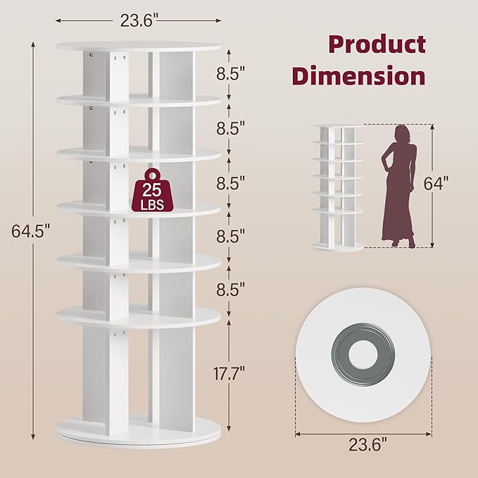 JUMMICO Rotating Shoe Rack Tower, 6-Tier Vertical Closet Storage Organizer for Shoes, Handbags & Tall Boots, 360° Spinning Lazy Susan Base, Space-Saving for Bedroom & Closet (White)
