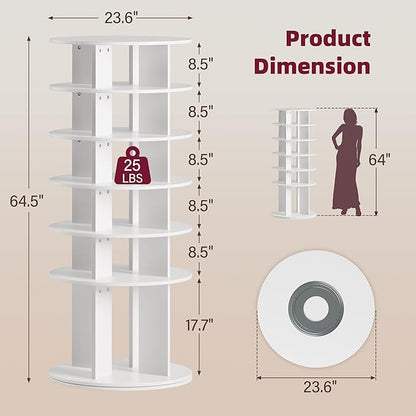 JUMMICO Rotating Shoe Rack Tower, 6-Tier Vertical Closet Storage Organizer for Shoes, Handbags & Tall Boots, 360° Spinning Lazy Susan Base, Space-Saving for Bedroom & Closet (White)
