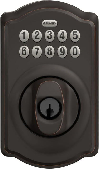 Schlage BE365 V CAM 716 Camelot Keypad Deadbolt, Electronic Keyless Entry Lock, Aged Bronze