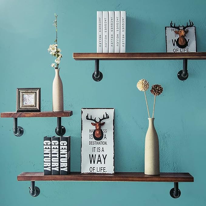 Janyang Industrial Pipe Shelf Brackets for 8 10 12 14 inches Board, Iron L Pipe Floating Shelves, Heavy Duty Metal Shelving Brackets - 4 Pack Black