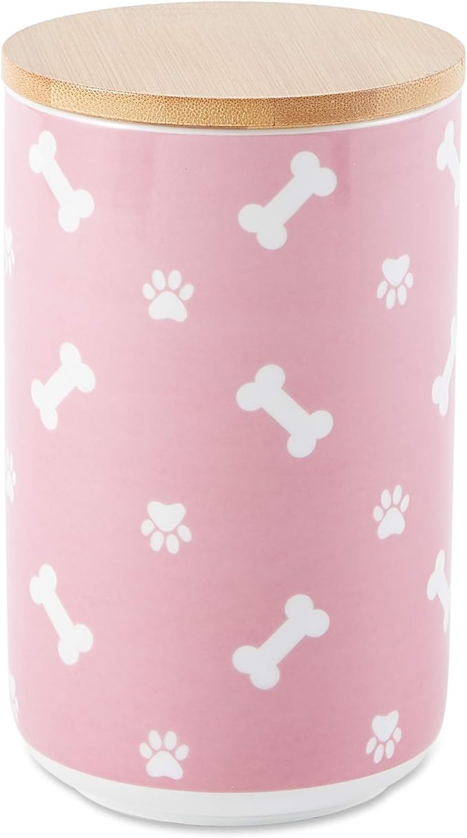 Bone Dry Ceramic Canister with Bamboo Lid, Paw & Bone Collection, Treat Jar, 4x6.5", Rose