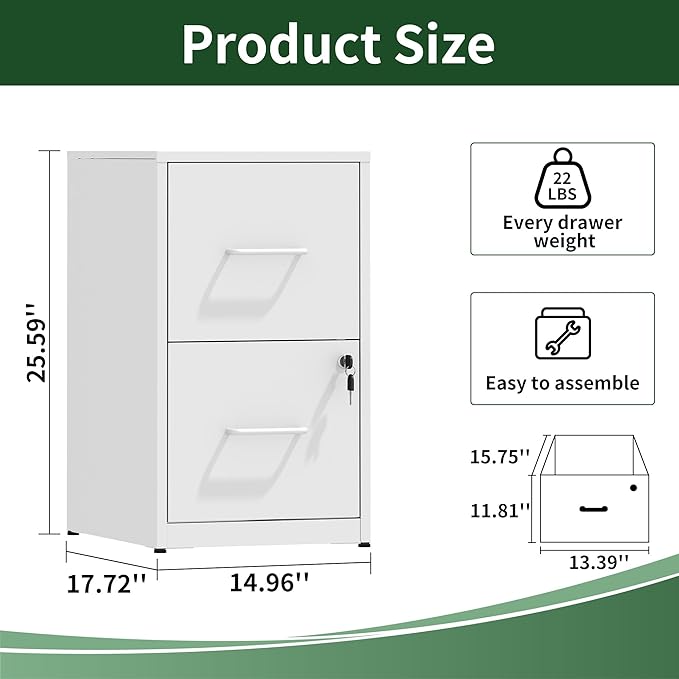 2 Drawer File Cabinet, Vertical File Cabinets with Lock for Home Office,Heavy Duty Office Steel Filing Cabinet for Hanging Letters/Legal/A4, Assembly Required (White)