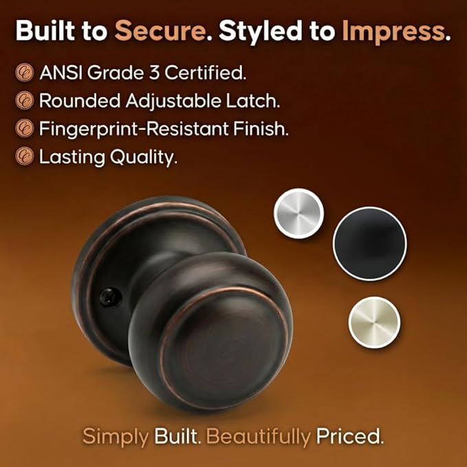 Copper Creek Colonial Dummy Interior Door Knob – ANSI Grade-3 Certified, Modern Heavy Duty Handle, Easy Install and Reversible for French Doors and Closets, Non Turning – Tuscan Bronze (1 Pack)