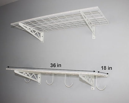 SafeRacks Wall Shelves - 2 Pk 18"x36" Wall Mountable Shelving Unit for Storage Rack, Pantry Shelves, Utility Shelving, Heavy Duty Shelves w/ 4 Versatile Accessory Hooks, 500lbs Capacity, White