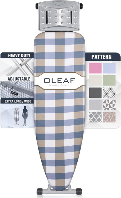 oleaf Ironing Board with Cover and Thicken Pad 43 x 13 Height Adjustable Full Size Foldable Iron Board with Iron Rest, Stable Steel Legs, Metal Construction, Heat Resistant, Blue and Yellow Checkered