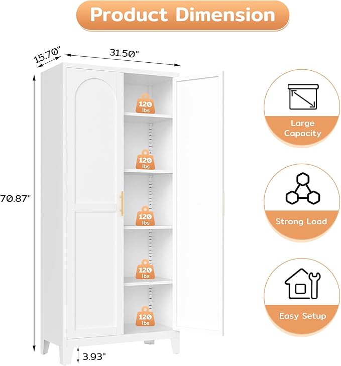 71'' Tall Metal Pantry Cabinet with 2 Doors, Freestanding Kitchen Storage Cabinet with 4 Adjustable Shelves, Steel Cupboard for Kitchen, Pantry, Dining Room, Living Room, Bathroom, White