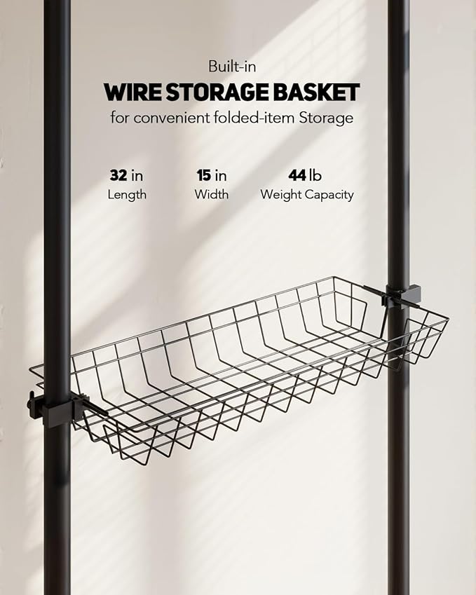 Floor-to-Ceiling Clothing Rack with 2 Wire Storage Baskets, 4 Hanging Rods, Adjustable Tension Closet Organizer for Bedroom, Walk-In Closet, Laundry Room, 4-Pole, Black
