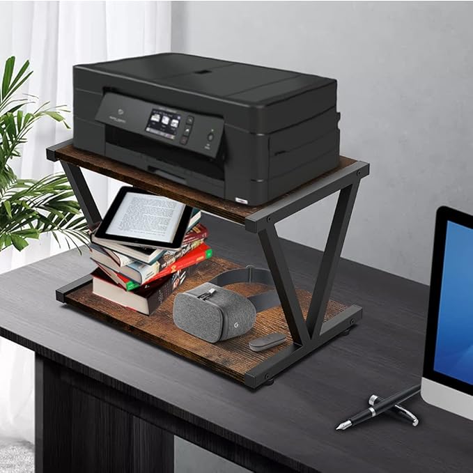 VEDECASA Retro Desktop Printer Stand 2 Tiers Under Desk Wood Printer Shelf Rustic Industrial Farmhouse Wood Storage Book Shelf Table Organizer for Home Office Stylish Sturdy V Shaped (Rustic Brown)