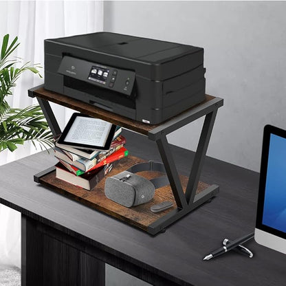 VEDECASA Retro Desktop Printer Stand 2 Tiers Under Desk Wood Printer Shelf Rustic Industrial Farmhouse Wood Storage Book Shelf Table Organizer for Home Office Stylish Sturdy V Shaped (Rustic Brown)