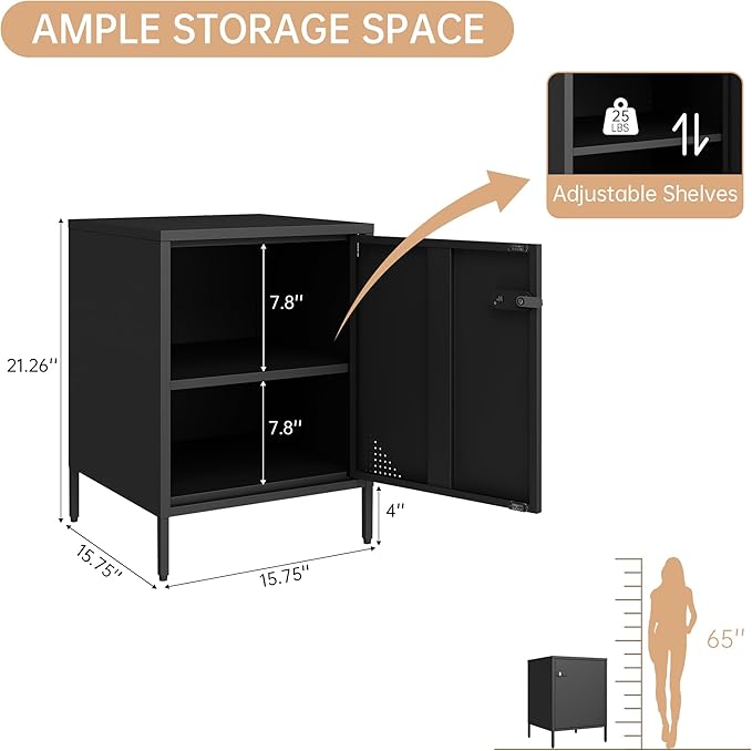 Metal Nightstand Single Door Locker Metal End Table Lockable Bedside Storage Cabinet for Living Room, Bedroom, Dorm, 21.26”H X 15.75”W X 15.75”D (1 Door, Black)
