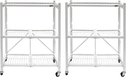 Origami 2-Pack General Purpose Foldable 3-Tier Shelf Storage Rack & Wheels, R3, White