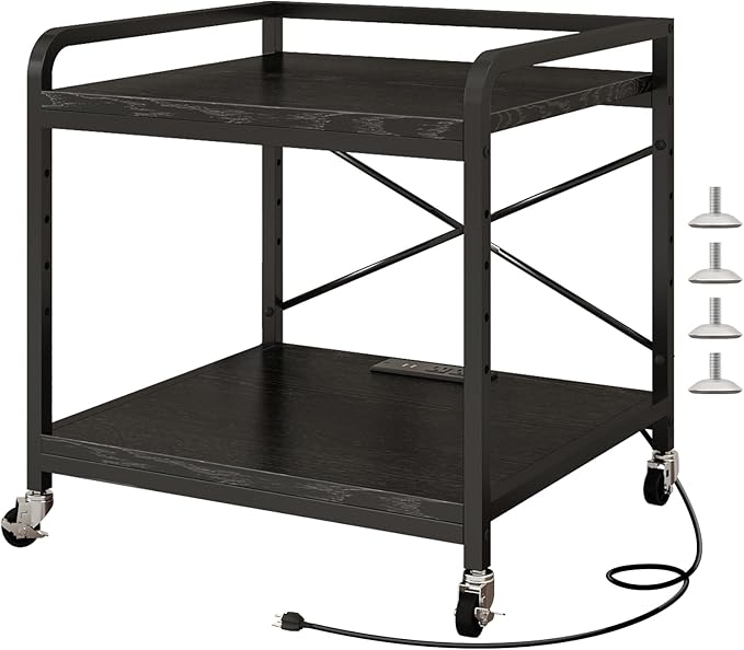 Under Desk Printer Stand with Power Outlet Large Printer Table with Adjustable Shelf,Industrial Wheels, 20 Inches Deep 2 Tier Rolling Printer Cart for Home Office, Black