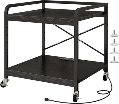 Under Desk Printer Stand with Power Outlet Large Printer Table with Adjustable Shelf,Industrial Wheels, 20 Inches Deep 2 Tier Rolling Printer Cart for Home Office, Black