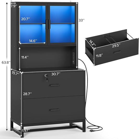 SEDETA 2 Drawer File Cabinet with Lock & Charging Station, Filing Cabinet Fits Letter, Legal, A4 Size, Wood File Cabinets for Home Office with Bookshelf, Printer Stand with Storage Shelf, Black