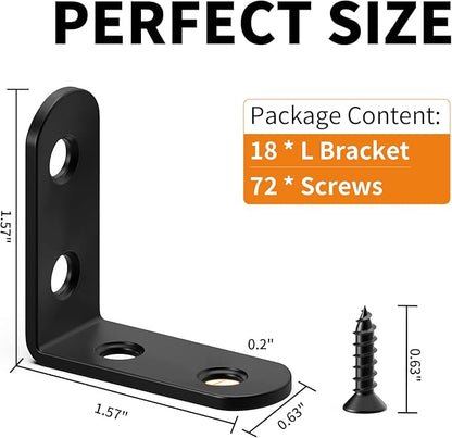 18PCS L Bracket Corner Bracket, FATLODA Stainless Steel L Brackets for Shelves, Black Small Right Angle Bracket, Metal Corner Brace for Wood Furniture Cabinet Chair with 72PCS Screws (1.57x1.57 in)