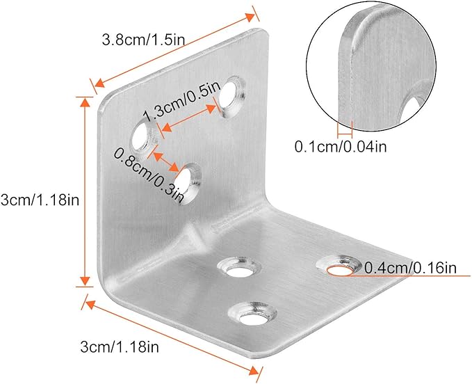 64 PCS Sliver Corner Brace, Stainless Steel 38MM X 30MM X 30MM Heavy Duty L Bracket for Furniture, Corner Steel Joint Right Angle Shelf Support Corner for Shelves, Furniture and Cabinet, Round End