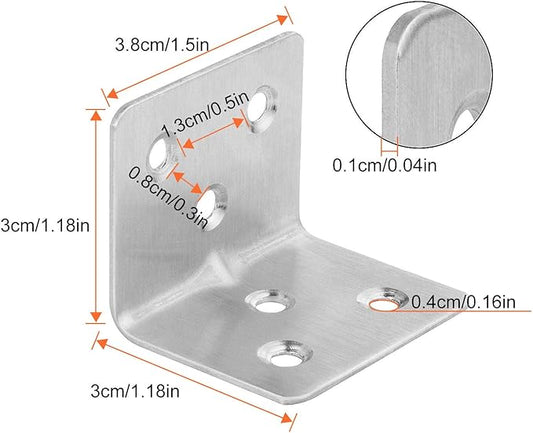 64 PCS Sliver Corner Brace, Stainless Steel 38MM X 30MM X 30MM Heavy Duty L Bracket for Furniture, Corner Steel Joint Right Angle Shelf Support Corner for Shelves, Furniture and Cabinet, Round End