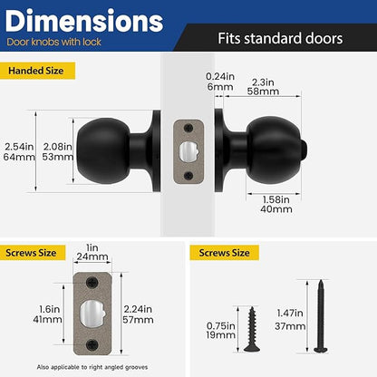 Matte Black Door Knobs with Lock and Key，Exterior and Interior Door Lock for Bedroom, Entry Door Handle for Front Door, Not Keyed Alike, 3 Pack