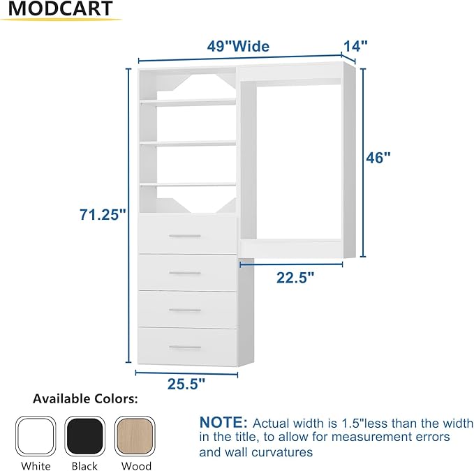 Modular Closet Organizer, 49" Wide with Tower & Drawers, Wood Tower Storage for Walk-In Closets, Wall-Mounted Wardrobe Organizer Kit, Bedroom, White
