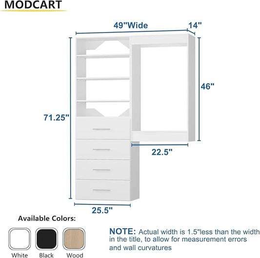 Modular Closet Organizer, 49" Wide with Tower & Drawers, Wood Tower Storage for Walk-In Closets, Wall-Mounted Wardrobe Organizer Kit, Bedroom, White